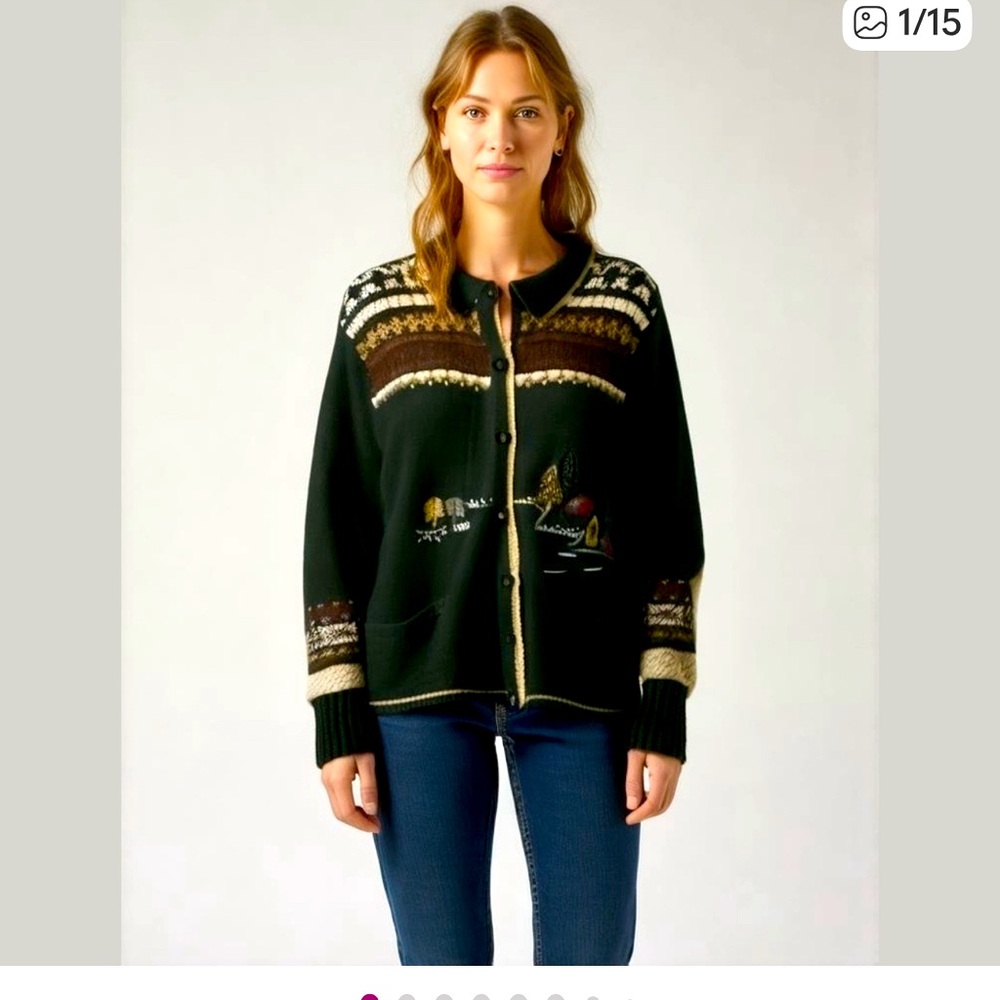 𝅺VINTAGE Wool Landscape Alpine Embroidery Cottagecore Knit Cardigan Size Small